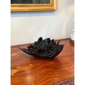 Vintage Black Glass Leaf Bowl, Mid Century Footed Art Glass Dish